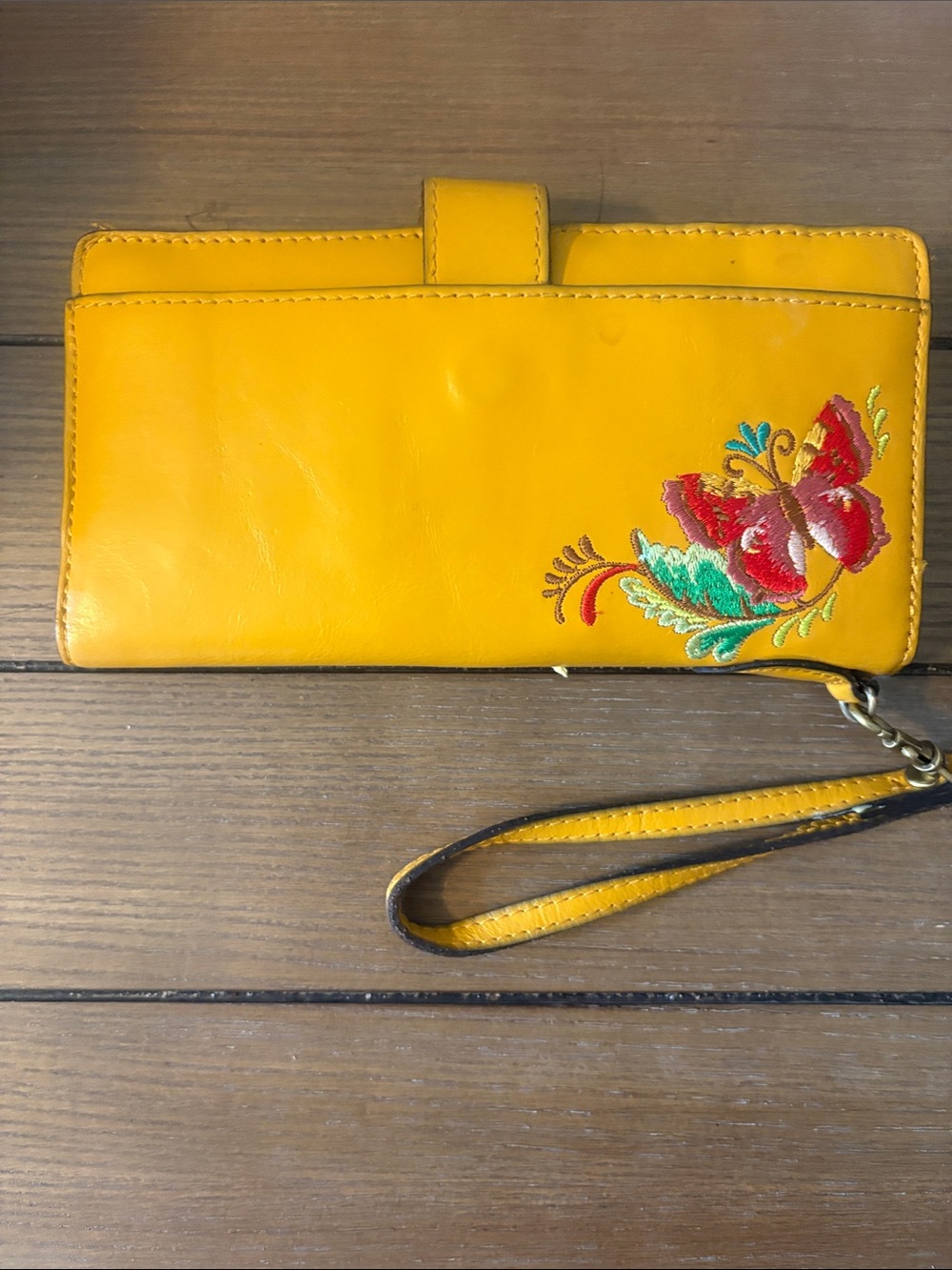Yellow Embroidered Butterfly Wristlet Wallet with Detachable Strap